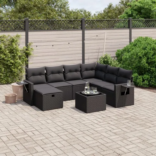 Conjunto Sofás de Jardim com Almofadões Vime PE Preto (8 pcs)