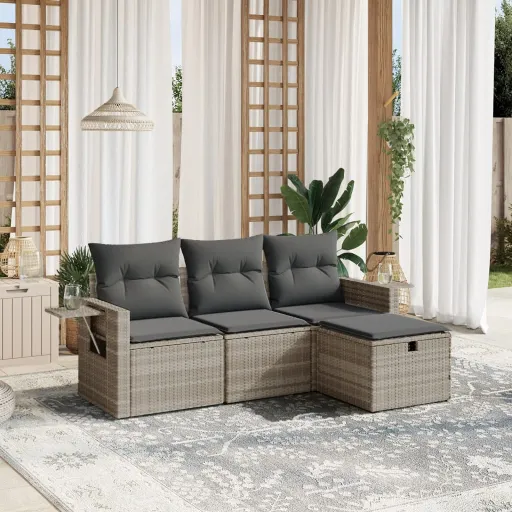 Conj. Sofás Jardim c/ Almofadões Vime PE Cinzento-Claro (4 pcs)