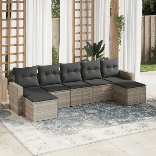 Conj. Sofás Jardim com Almofadões Vime PE Cinzento-Claro (7 pcs)