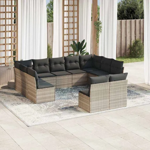 Conjunto Sofás de Jardim c/ Almofadões Vime PE Cinzento (11 pcs)