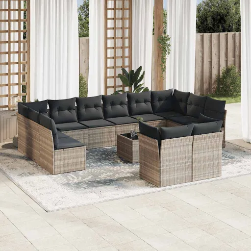 Conj. Sofás Jardim c/ Almofadões Vime PE Cinzento-Claro (13 pcs)