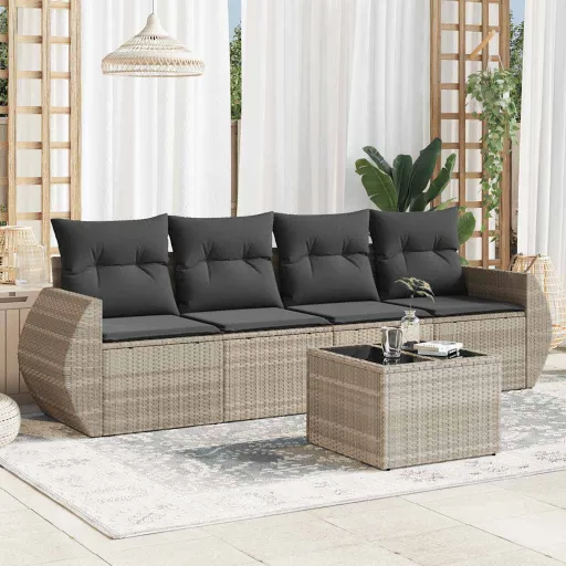 Conj. Sofás Jardim c/ Almofadões Vime PE Cinzento-Claro (5 pcs)