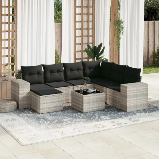 Conj. Sofás Jardim c/ Almofadões Vime PE Cinzento-Claro (8 pcs)