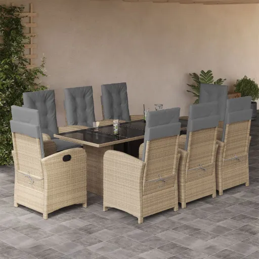 Conj. Jantar Jardim c/ Almofadões Vime PE Bege Misturado (9 pcs)