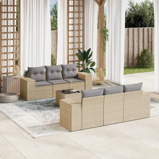 Conjunto de Sofás p/ Jardim com Almofadões Vime PE Bege (7 pcs)