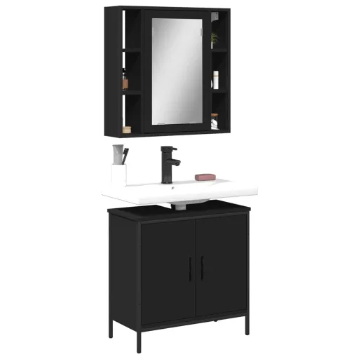 Conjunto Móveis Casa de Banho Derivados de Madeira Preto (2 pcs)
