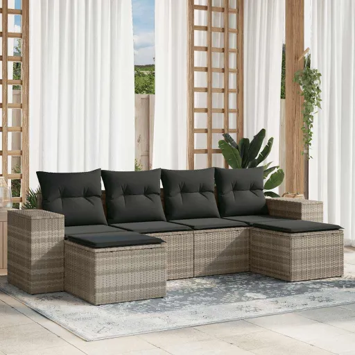 Conj. Sofás Jardim com Almofadões Vime PE Cinzento-Claro (6 pcs)