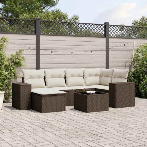 Conjunto de Sofás Jardim c/ Almofadões Vime PE Castanho (7 pcs)