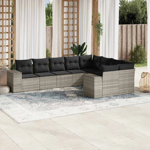Conj. Sofás Jardim com Almofadões Vime PE Cinzento-Claro (9 pcs)