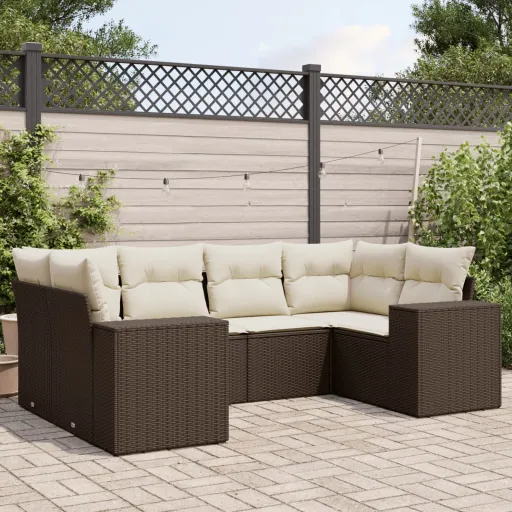 Conjunto de Sofás Jardim c/ Almofadões Vime PE Castanho (6 pcs)