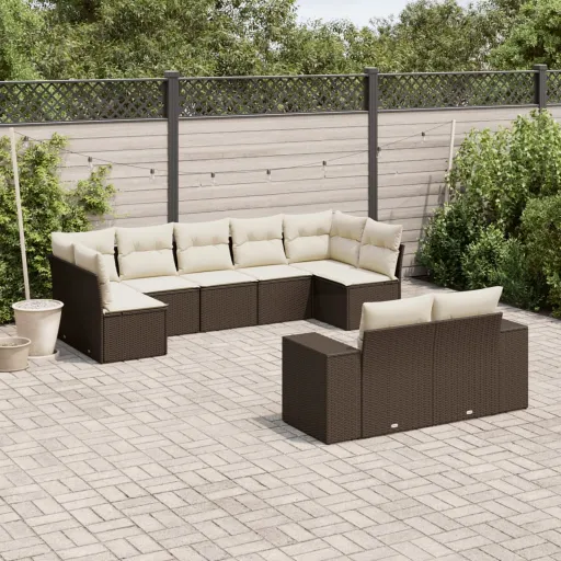 Conjunto Sofás p/ Jardim c/ Almofadões Vime PE Castanho (9 pcs)