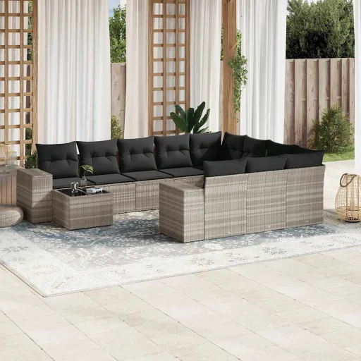 Conjunto Sofás de Jardim c/ Almofadões Vime PE Cinzento (11 pcs)