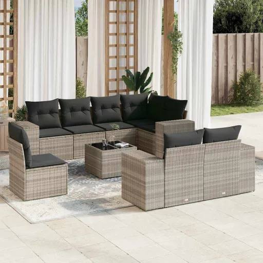 Conj. Sofás Jardim com Almofadões Vime PE Cinzento-Claro (9 pcs)