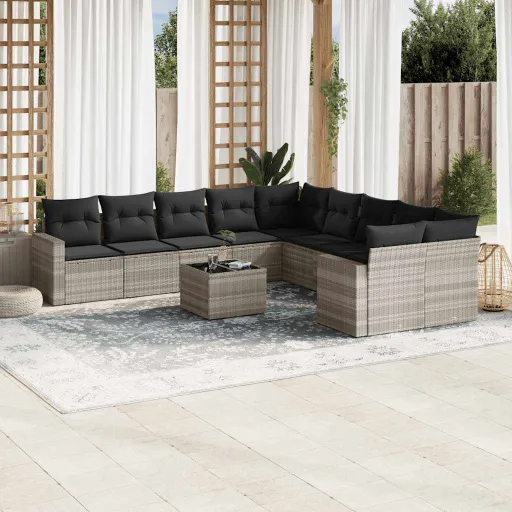 Conjunto Sofás de Jardim c/ Almofadões Vime PE Cinzento (11 pcs)