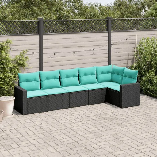 Conjunto de Sofás p/ Jardim c/ Almofadões Vime PE Preto (6 pcs)