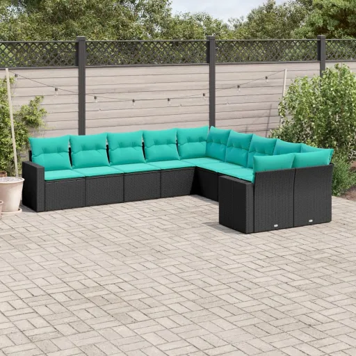 Conjunto de Sofás p/ Jardim c/ Almofadões Vime PE Preto (10 pcs)