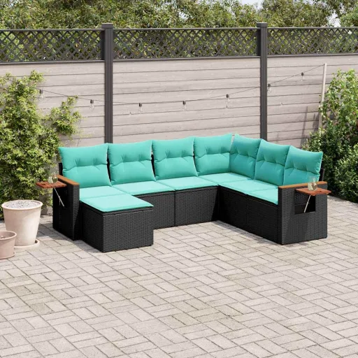 Conjunto de Sofás p/ Jardim c/ Almofadões Vime PE Preto (7 pcs)