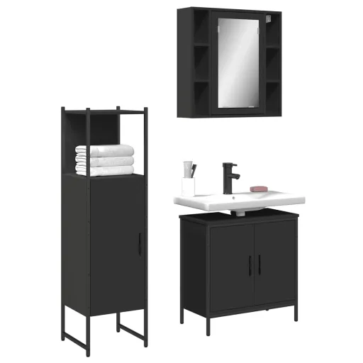 Conjunto Móveis Casa de Banho Derivados de Madeira Preto (3 pcs)