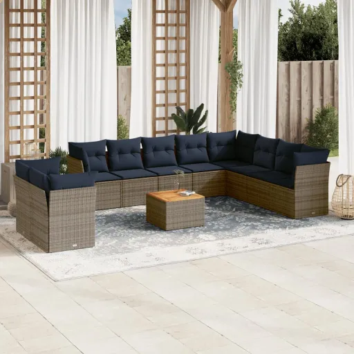 Conjunto Sofás de Jardim c/ Almofadões Vime PE Cinzento (11 pcs)