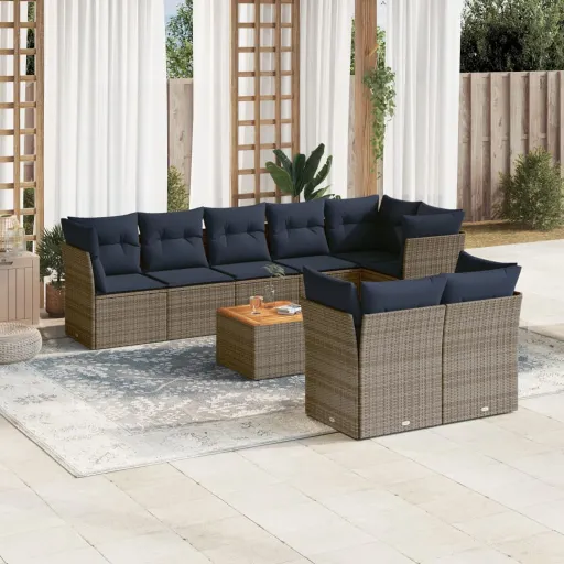 Conjunto Sofás p/ Jardim c/ Almofadões Vime PE Cinzento (9 pcs)