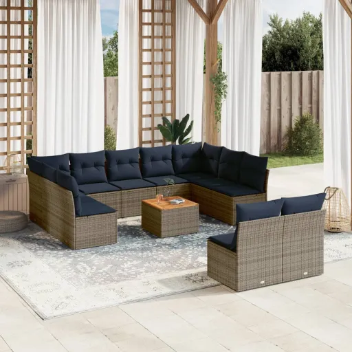 Conjunto Sofás p/ Jardim c/ Almofadões Vime PE Cinzento (12 pcs)