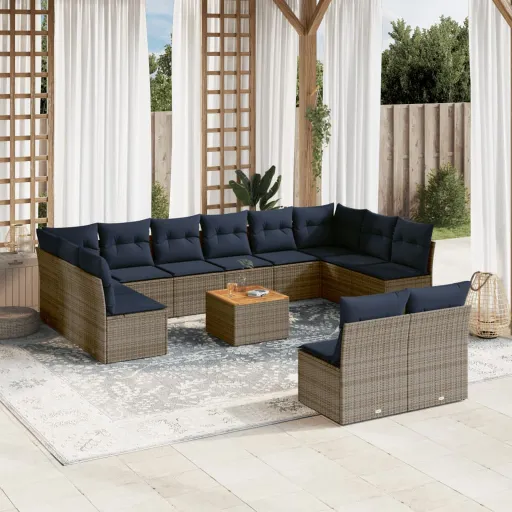 Conjunto Sofás p/ Jardim c/ Almofadões Vime PE Cinzento (13 pcs)
