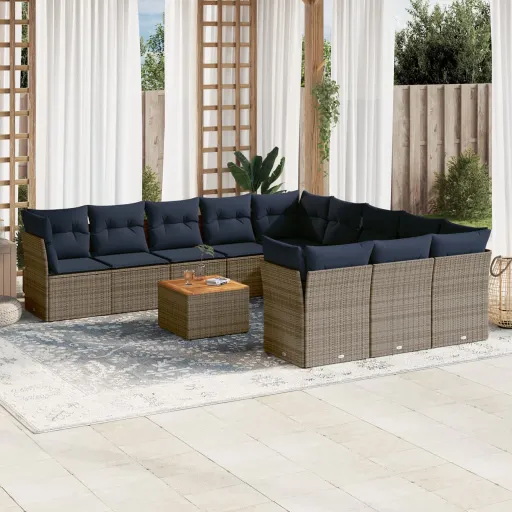 Conjunto Sofás p/ Jardim c/ Almofadões Vime PE Cinzento (12 pcs)