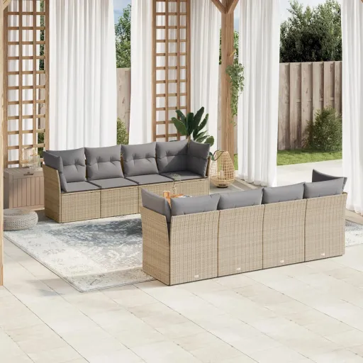 Conjunto de Sofás p/ Jardim com Almofadões Vime PE Bege (9 pcs)