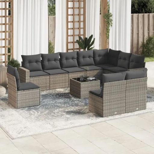 Conjunto Sofás de Jardim c/ Almofadões Vime PE Cinzento (11 pcs)