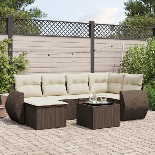 Conjunto de Sofás Jardim c/ Almofadões Vime PE Castanho (7 pcs)