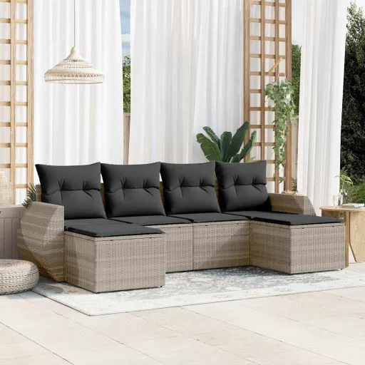 Conj. Sofás Jardim com Almofadões Vime PE Cinzento-Claro (6 pcs)