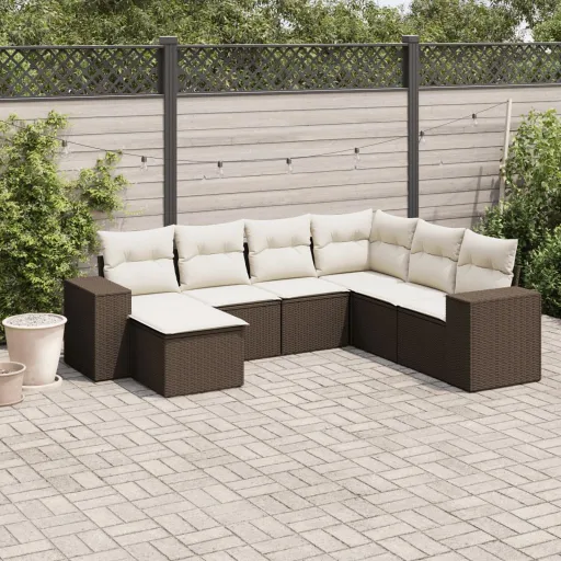 Conjunto de Sofás Jardim c/ Almofadões Vime PE Castanho (7 pcs)