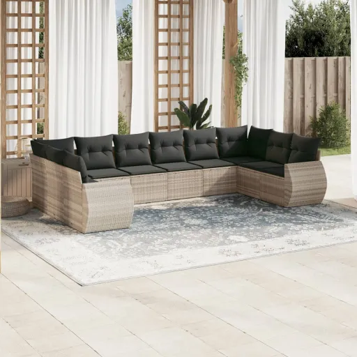 Conj. Sofás Jardim com Almofadões Vime PE Cinzento-Claro (10 pcs)