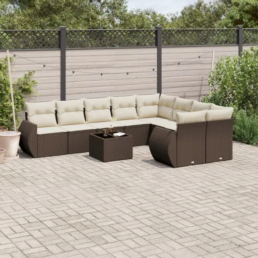Conj. Sofás Jardim com Almofadões Vime PE Castanho (10 pcs)