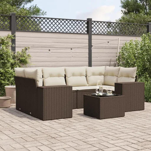 Conjunto de Sofás Jardim c/ Almofadões Vime PE Castanho (7 pcs)