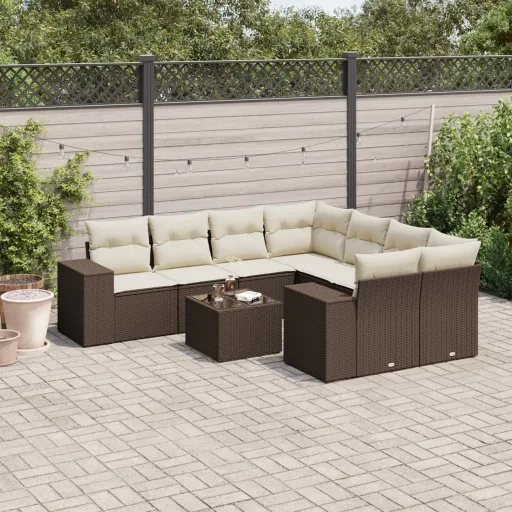 Conjunto Sofás p/ Jardim c/ Almofadões Vime PE Castanho (9 pcs)