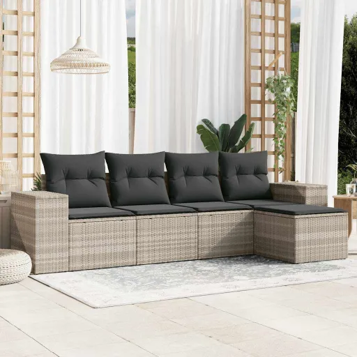 Conj. Sofás Jardim c/ Almofadões Vime PE Cinzento-Claro (5 pcs)