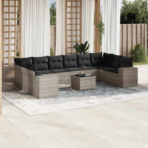 Conjunto Sofás de Jardim c/ Almofadões Vime PE Cinzento (11 pcs)