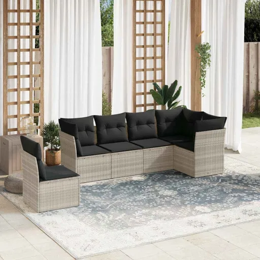 Conj. Sofás Jardim com Almofadões Vime PE Cinzento-Claro (6 pcs)