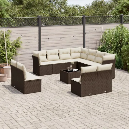 Conjunto de Sofás Jardim com Almofadões Vime PE Castanho (12 pcs)