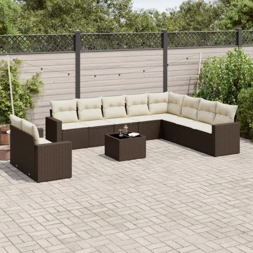 Conjunto Sofás de Jardim c/ Almofadões Vime PE Castanho (11 pcs)
