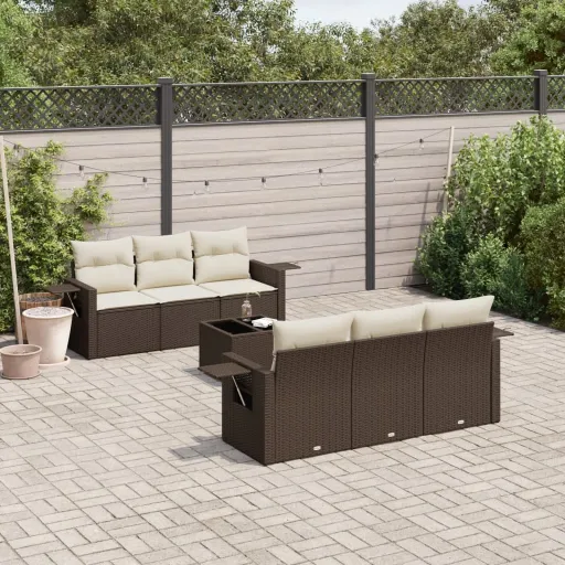 Conjunto de Sofás Jardim c/ Almofadões Vime PE Castanho (7 pcs)