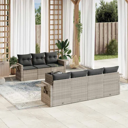 Conj. Sofás Jardim c/ Almofadões Vime PE Cinzento-Claro (8 pcs)