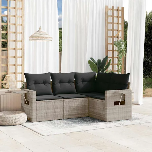 Conj. Sofás Jardim c/ Almofadões Vime PE Cinzento-Claro (4 pcs)