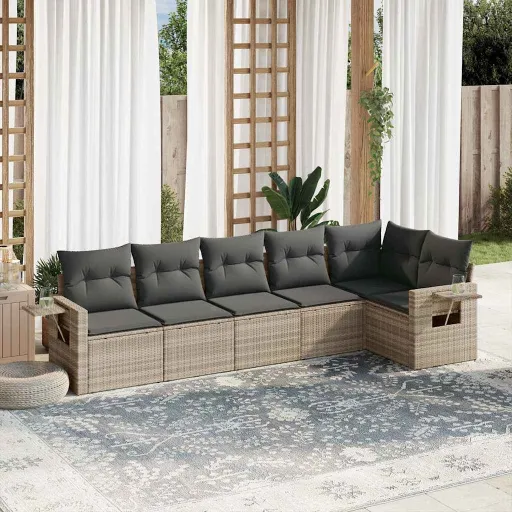 Conj. Sofás Jardim com Almofadões Vime PE Cinzento-Claro (6 pcs)