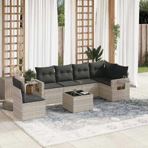 Conj. Sofás Jardim com Almofadões Vime PE Cinzento-Claro (7 pcs)