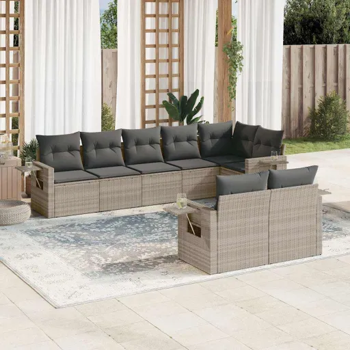 Conj. Sofás Jardim c/ Almofadões Vime PE Cinzento-Claro (8 pcs)