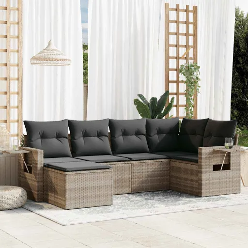 Conj. Sofás Jardim com Almofadões Vime PE Cinzento-Claro (6 pcs)