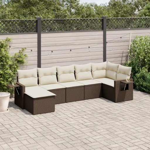 Conjunto de Sofás Jardim c/ Almofadões Vime PE Castanho (7 pcs)