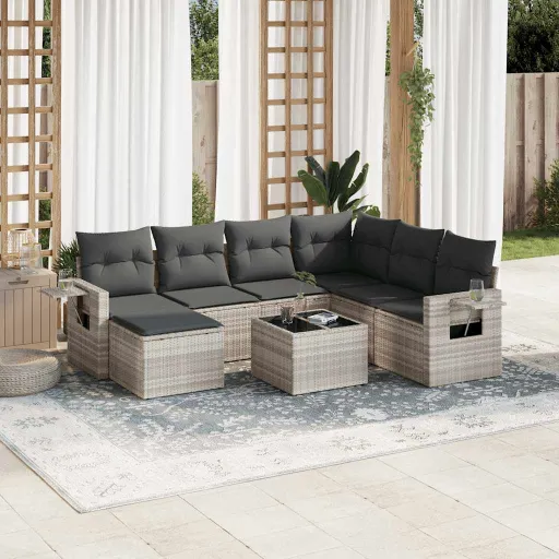 Conj. Sofás Jardim c/ Almofadões Vime PE Cinzento-Claro (8 pcs)